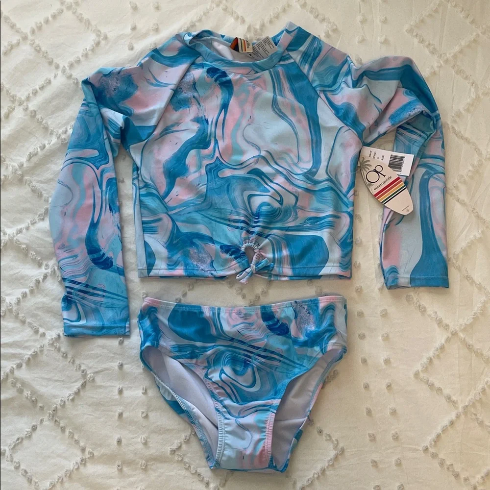 OP Kids Swim Rashguard swimsuit Set - Blue and Pink Marble nwt
